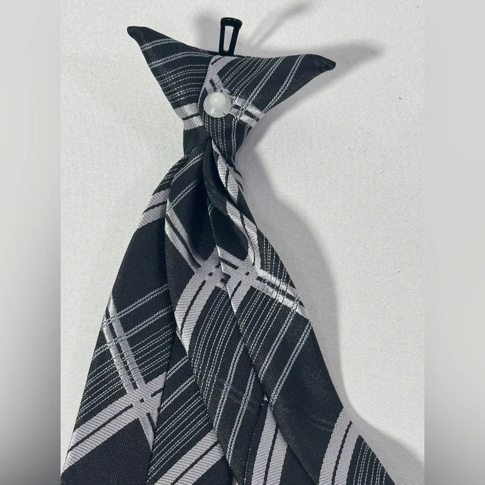 Boys Striped Clip On Tie Necktie Black Gray Plaid 17” Long